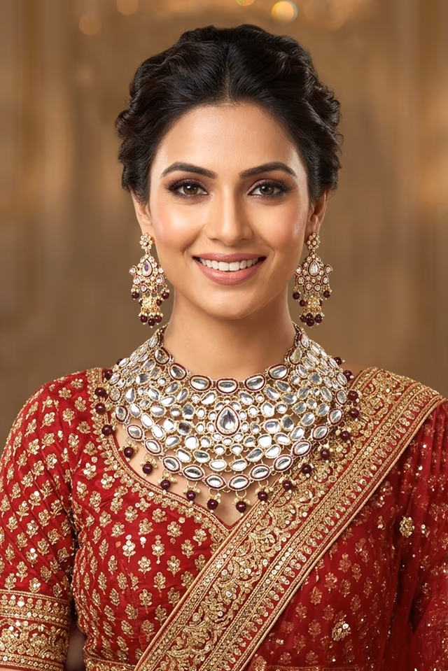 Maron Bead Detailed Uncut Kundan Patterned Heavy Bridal Jewellery Set — rent in Calicut
