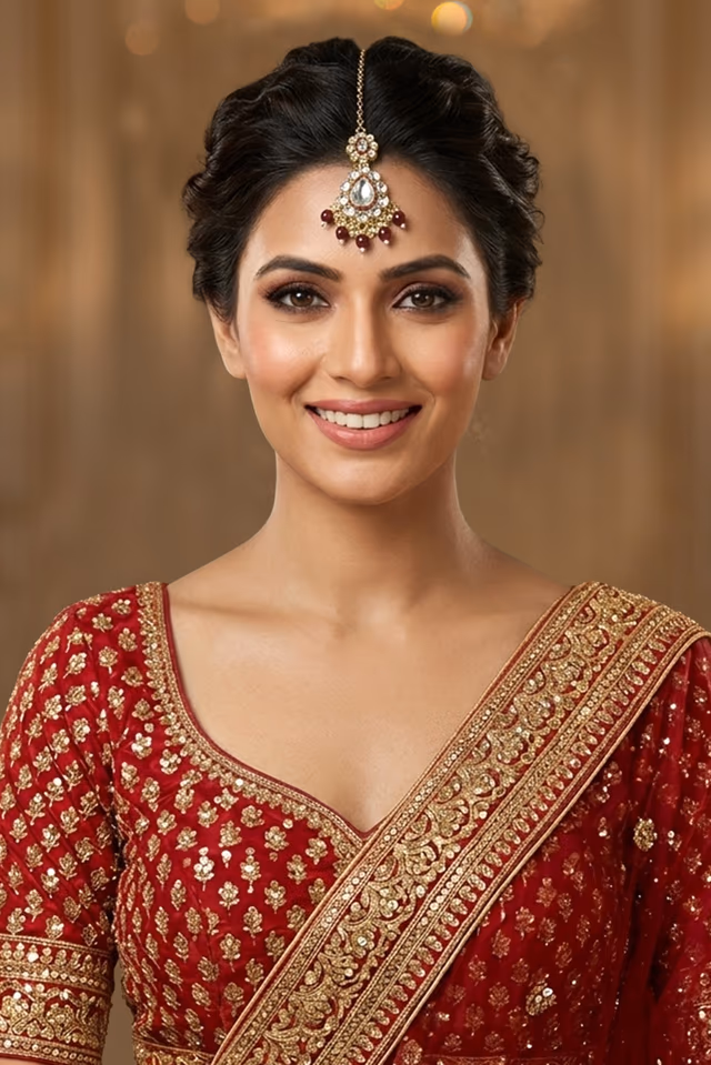 Maron Bead Detailed Uncut Kundan Patterned Heavy Bridal Jewellery Set — back view, rent in Calicut