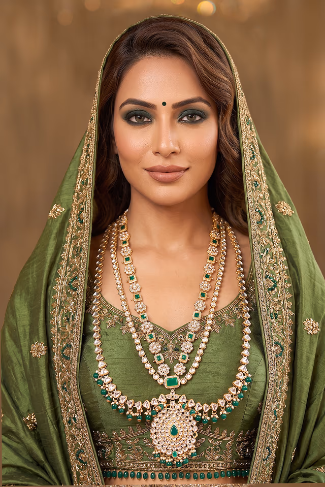 Gold Plated Maharani Bridal Jewellery Set In Green Stone Detailing — back view, rent in Calicut