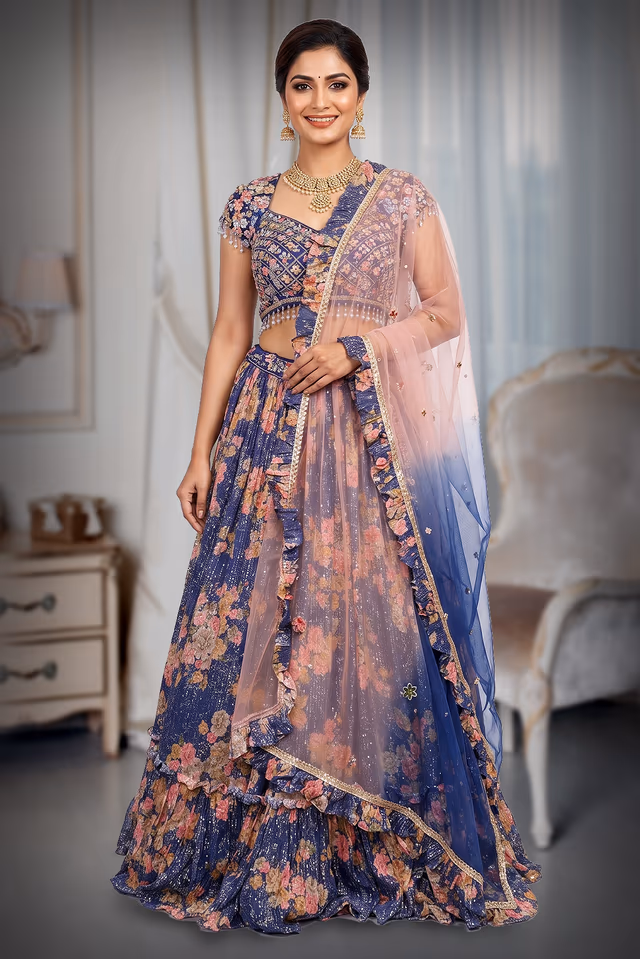 Purple Floral Printed Lehenga Choli with Blush Pink Ombre Dupatta — back view, rent in Coimbatore