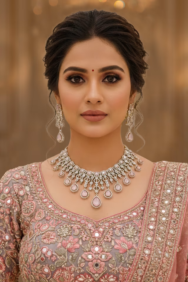 Blush Glow Baby Pink Statement Necklace Set — rent in Kochi