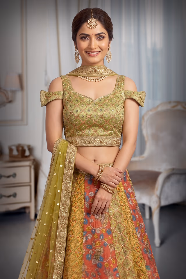 Yellow Haldi Lehenga With Multi Color Embellishments Detail In Skirt Part Along With Cold Shoulder Crop Top — rent in Kochi