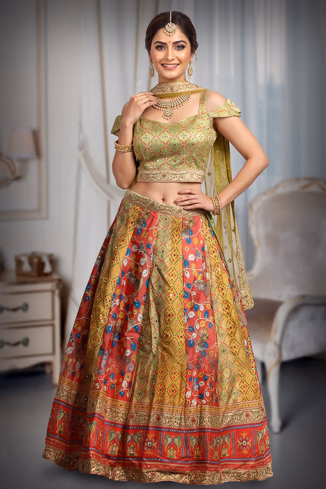 Yellow Haldi Lehenga With Multi Color Embellishments Detail In Skirt Part Along With Cold… — back view, rent in Kochi