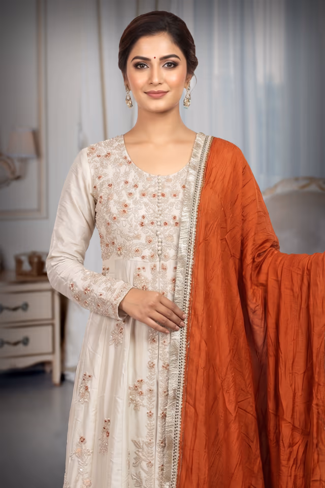 Elegant Cream Anarkali Paired With Rust Dupatta. — rent in Calicut