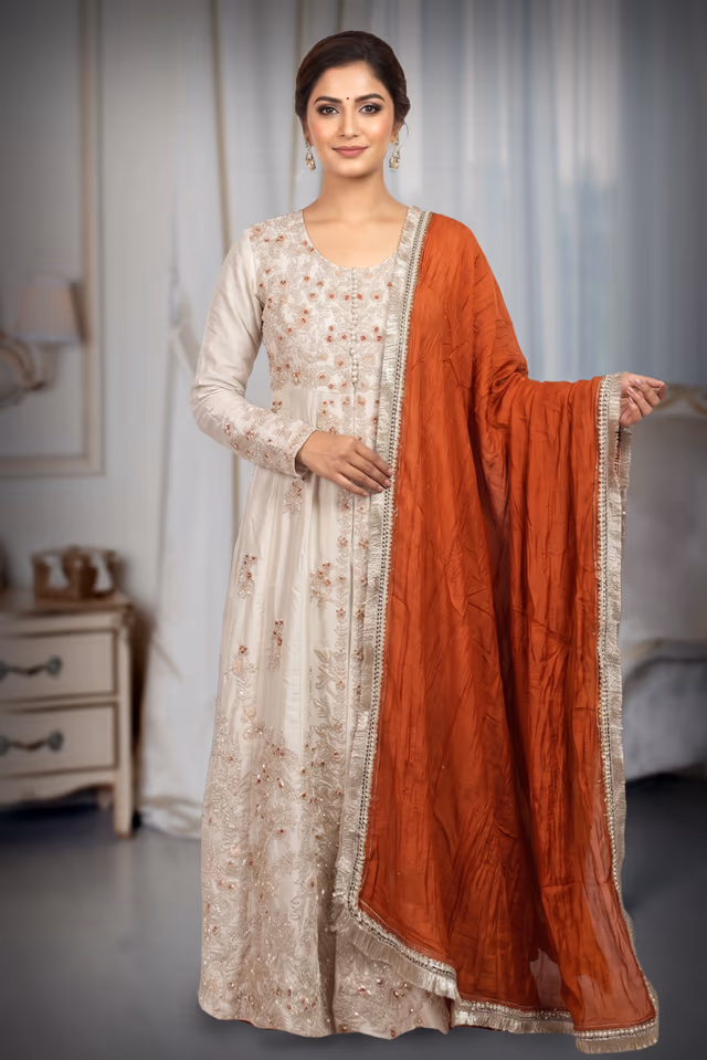 Elegant Cream Anarkali Paired With Rust Dupatta. — back view, rent in Calicut
