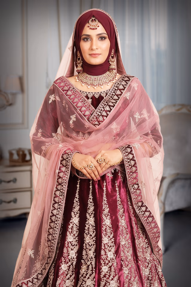Dark wine silver thread work lehenga — rent in Coimbatore