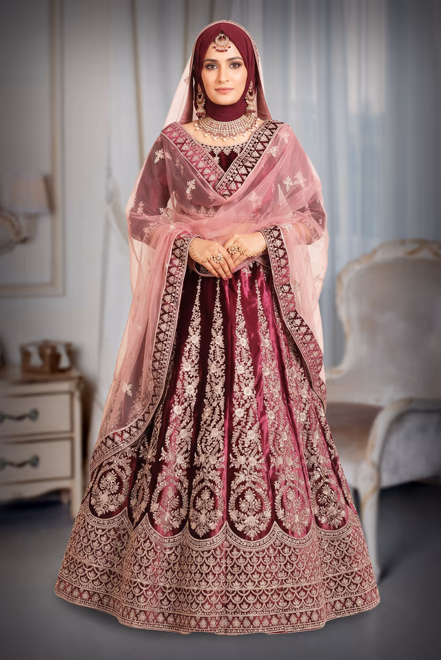 Dark wine silver thread work lehenga — back view, rent in Coimbatore