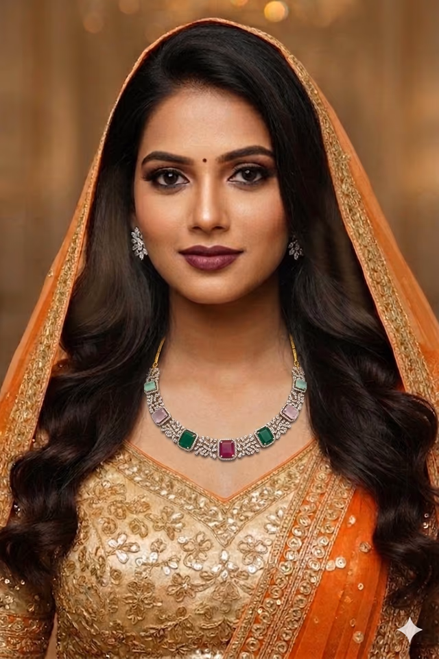 Multicolor Bridal Set Adorned With Rows Of Crystals And Large Emerald Simulants — rent in Calicut