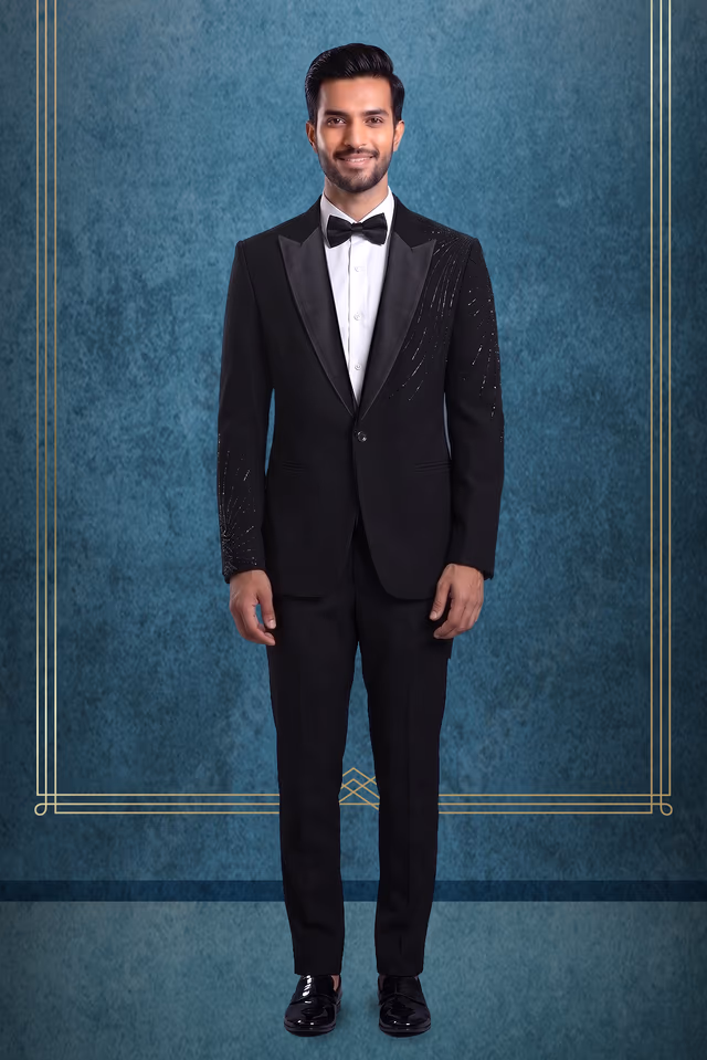 Sophisticated Black Tuxedo Set Accented With Shimmering Sequin Embroidery On The Shoulder And Sleeve… — rent in Calicut
