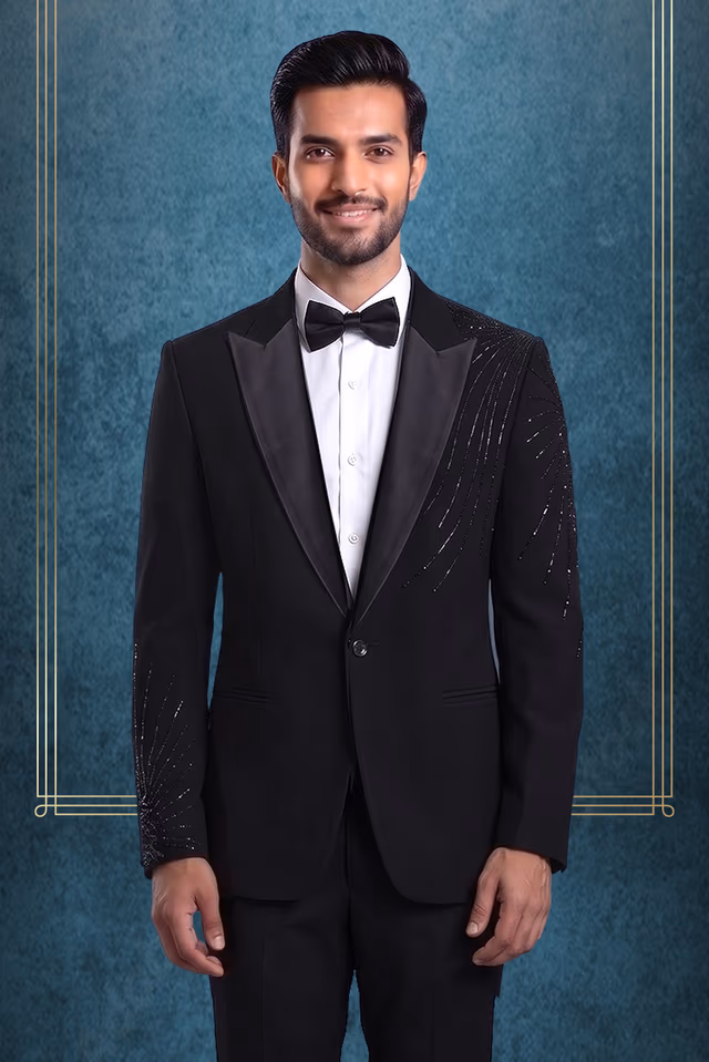 Sophisticated Black Tuxedo Set Accented With Shimmering Sequin Embroidery On The Shoulder And… — back view, rent in Calicut