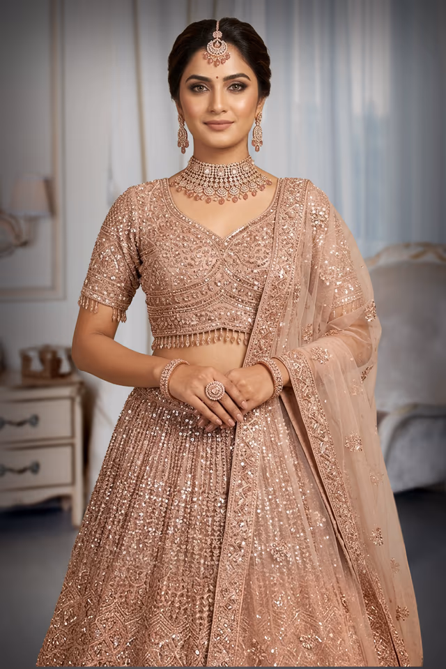 Glamorous Rose Gold Lehenga Drenched In Heavy Sequin Work Featuring A Detailed Scalloped Border Blouse… — rent in Calicut