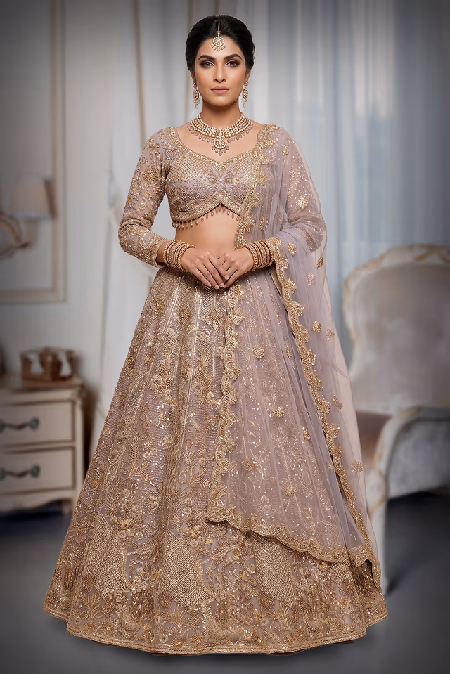 Exquisite Beige Lehenga Adorned With Heavy Gold Zari Work Intricate Floral Motifs And A… — back view, rent in Calicut