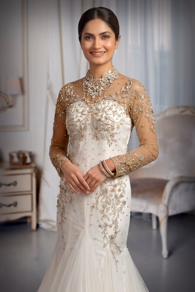 Breathtaking White Mermaid Silhouette Bridal Gown Crafted With Exquisite Floral Embellishments Sheer… — rent in Calicut