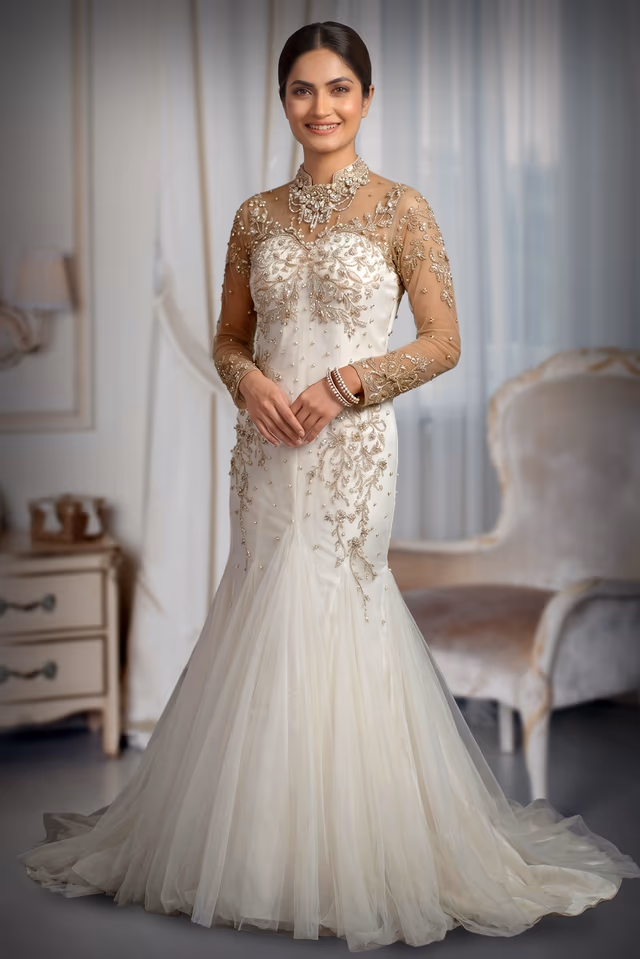 Breathtaking White Mermaid Silhouette Bridal Gown Crafted With Exquisite Floral Embellishments… — back view, rent in Calicut