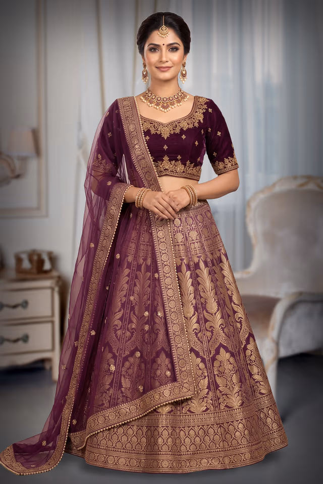Royal Deep Purple Lehenga Showcasing Traditional Gold Banarasi Patterns Paired With A Matching… — back view, rent in Calicut