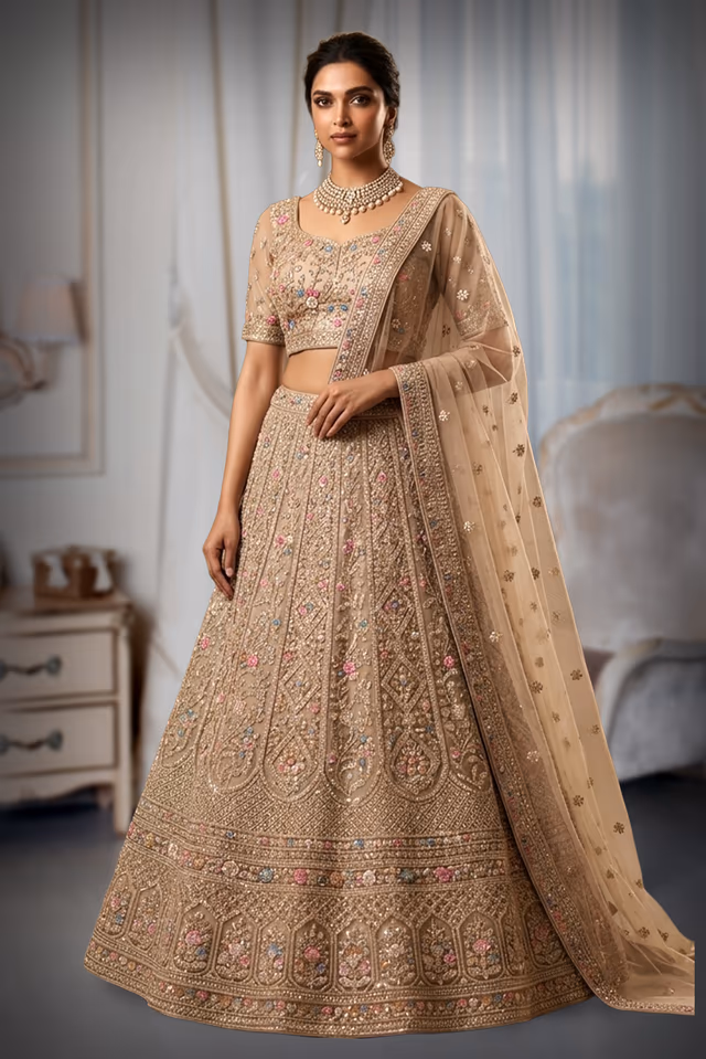 Champagne Gold Intricate Floral Sequin Lehenga Skirt — back view, rent in Kochi