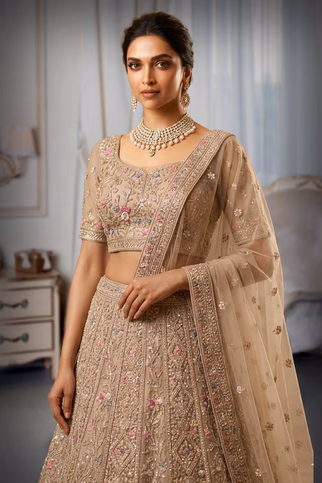 Champagne Gold Intricate Floral Sequin Lehenga Skirt — rent in Kochi