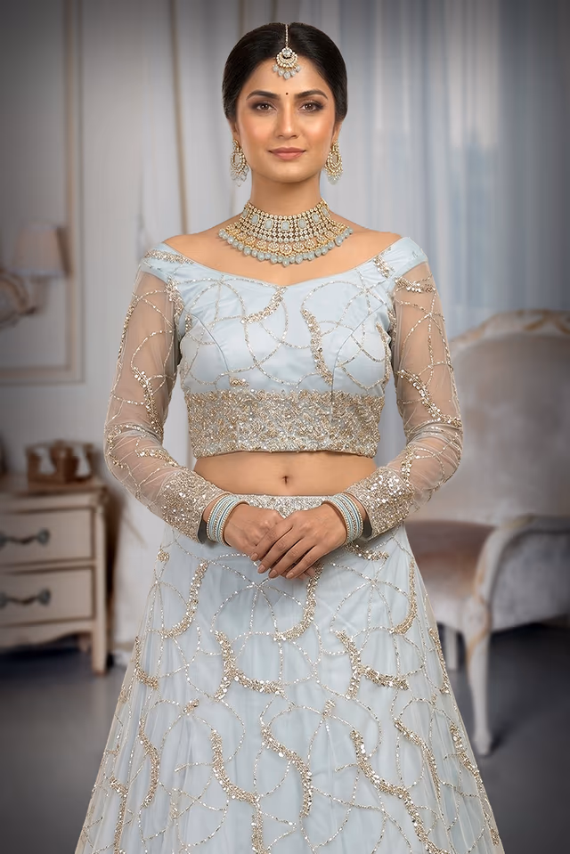 Elegant Light Blue Lehenga Featuring Intricate Silver Embroidery Sheer Full Sleeves And A Graceful… — rent in Calicut