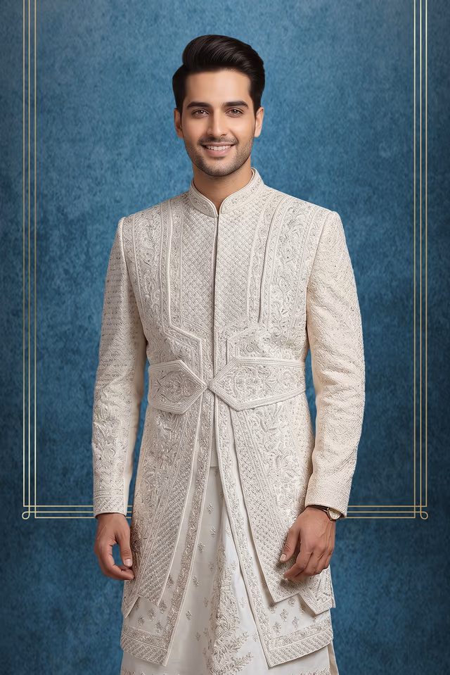 Elegant Ivory Threadwork Sherwani Set for Grand Wedding — back view, rent in Bangalore