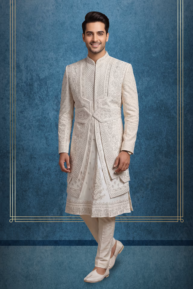 Elegant Ivory Threadwork Sherwani Set for Grand Wedding — rent in Bangalore