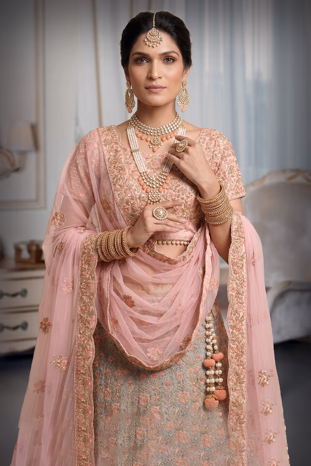 Soft Pink Lehenga With Floral — rent in Bangalore
