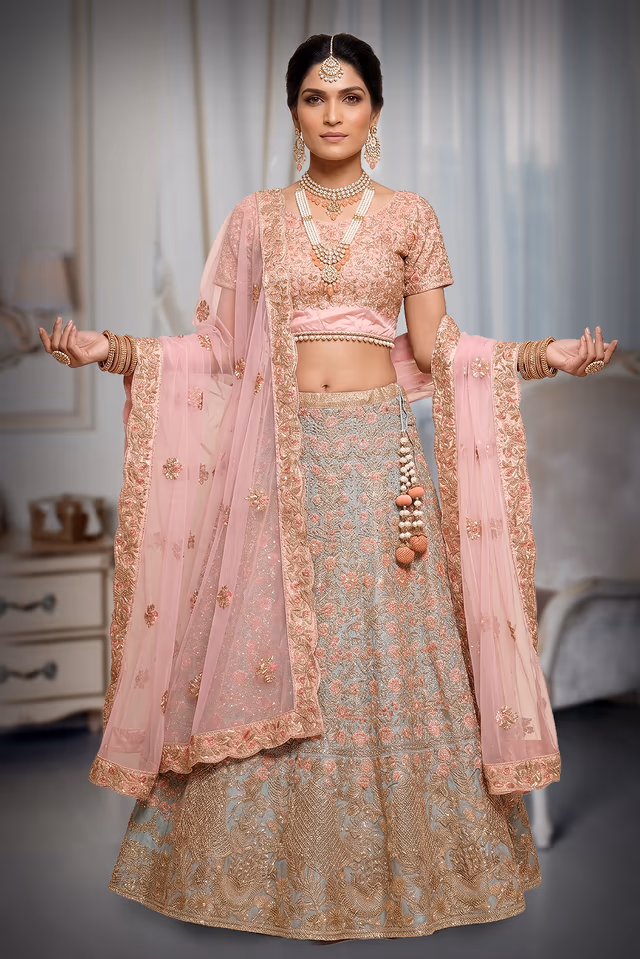 Soft Pink Lehenga With Floral — back view, rent in Bangalore
