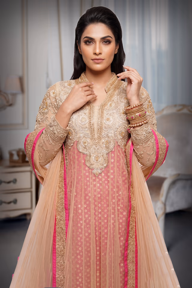 Anarkali Banasari Brocade In Hot Pink — rent in Bangalore