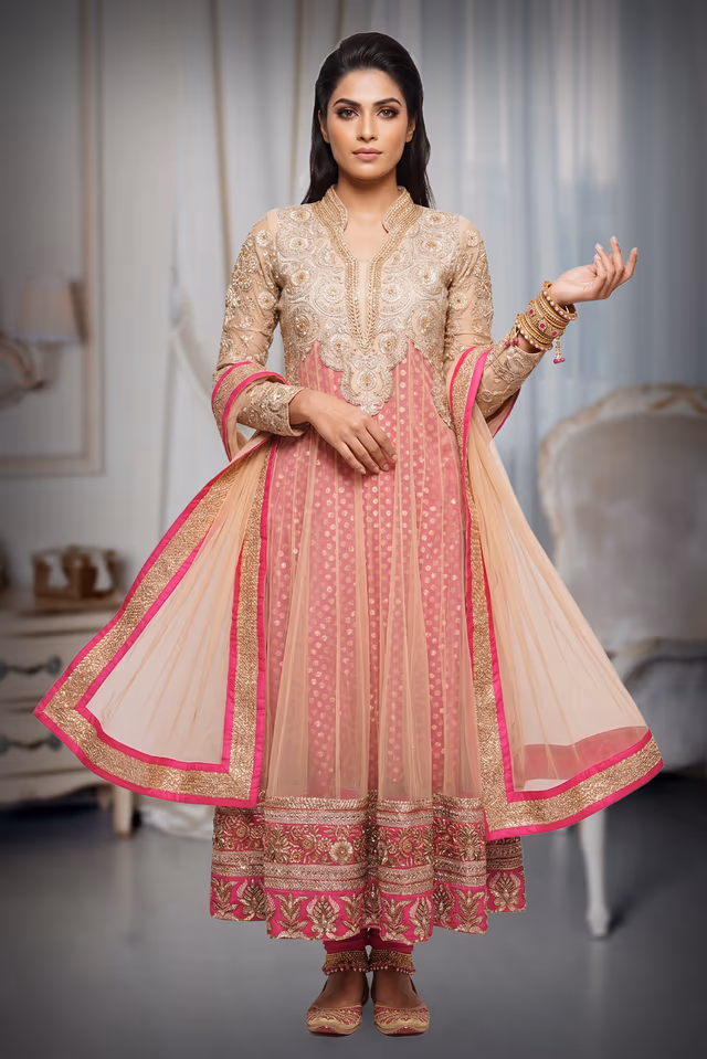 Anarkali Banasari Brocade In Hot Pink — back view, rent in Bangalore