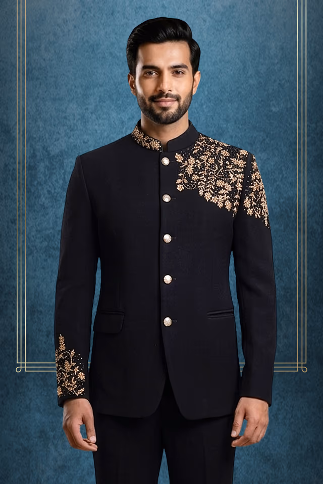 Exquisite Golden Zardosi Handworked Jodhpuri In Black Color — back view, rent in Calicut