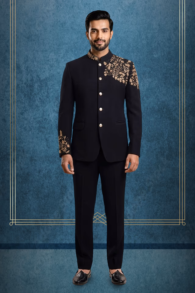 Exquisite Golden Zardosi Handworked Jodhpuri In Black Color — rent in Calicut