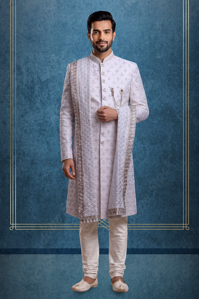Off White Jaquard Fabric Heavy Sherwani With Beadswork Along With Threadwork And Matching Pants With… — rent in Calicut