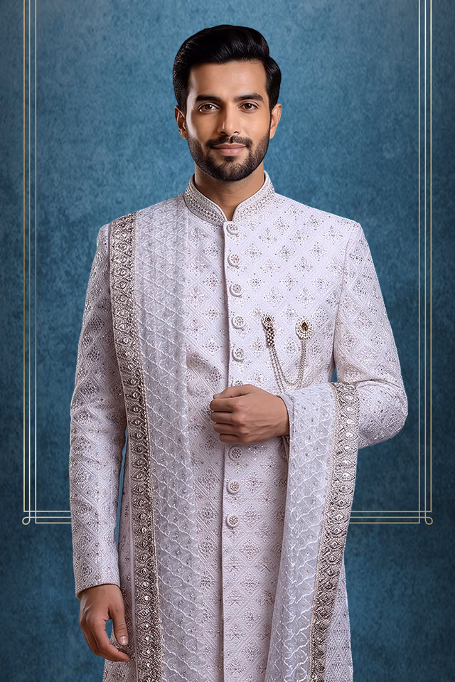 Off White Jaquard Fabric Heavy Sherwani With Beadswork Along With Threadwork And Matching… — back view, rent in Calicut