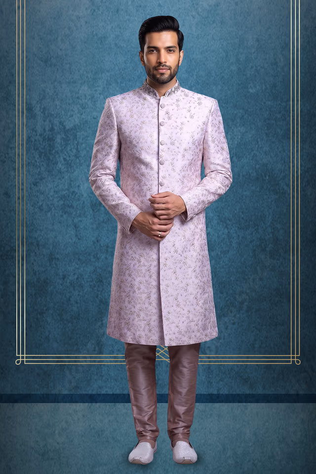 Baby Pink Colour Jaquard Textured Single Sherwani With Minimal Stone Work Embellishment — rent in Calicut