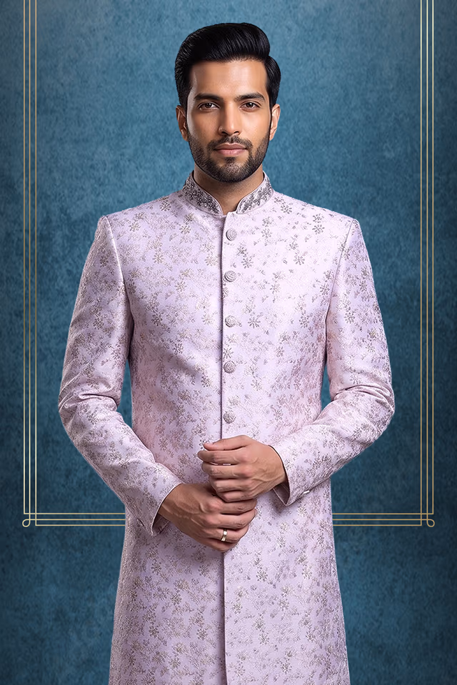 Baby Pink Colour Jaquard Textured Single Sherwani With Minimal Stone Work Embellishment — back view, rent in Calicut
