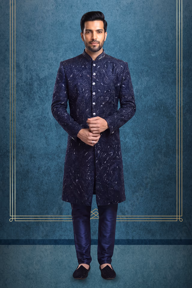 Dark Navy Blue Heavy Beadswork Embellished Sherwani — rent in Calicut