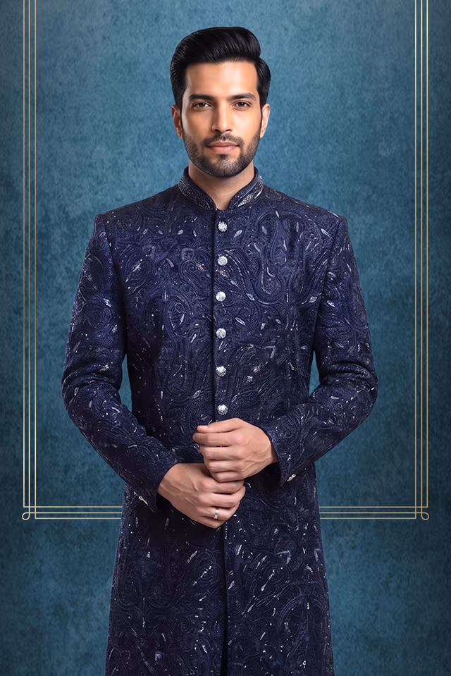 Dark Navy Blue Heavy Beadswork Embellished Sherwani — back view, rent in Calicut