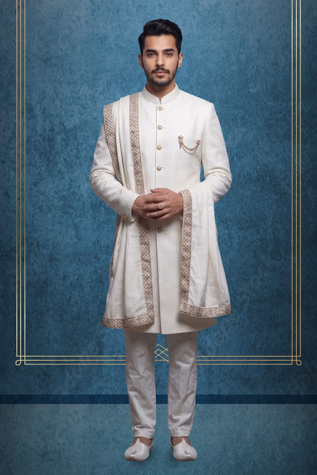 White Jaquard Fabric Heavy Jacket Sherwani With White handworked Inner Kurtha ,Matching Pants And White… — rent in Calicut