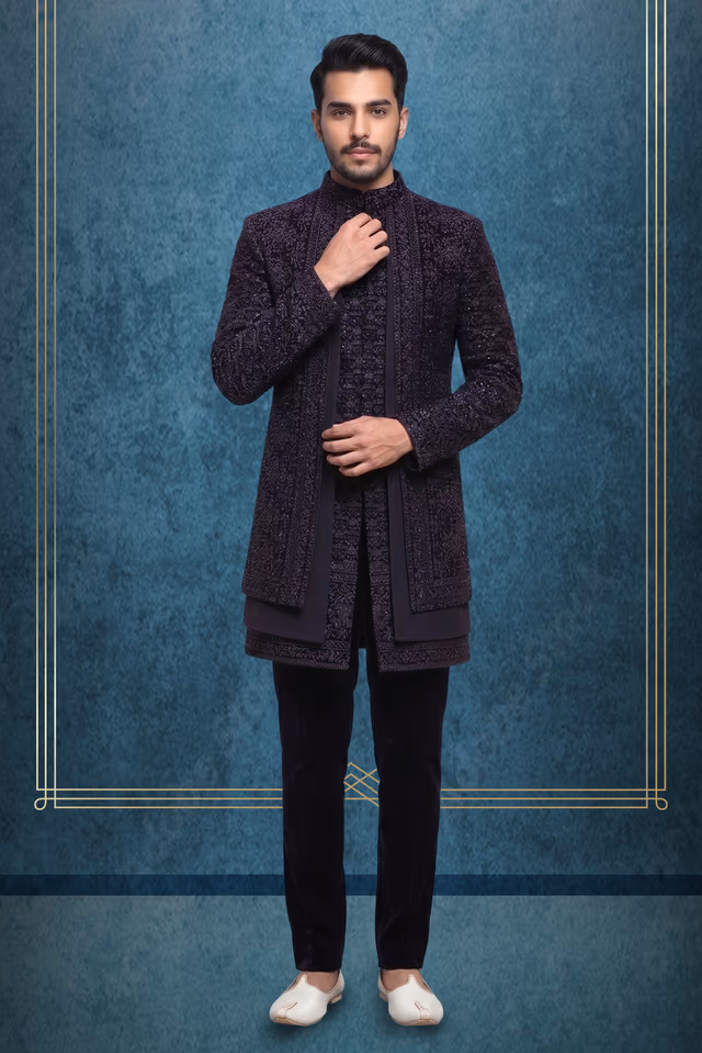 Navy Blue Jaquard Fabric Heavy Sherwani With Textured Inner Kurtha And Matching Pants — rent in Calicut