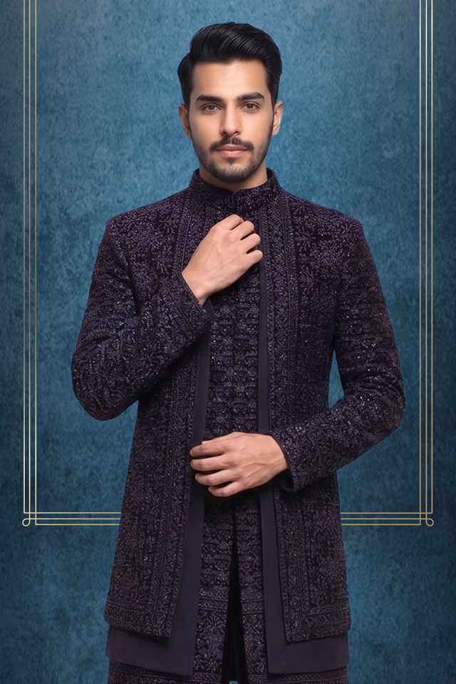 Navy Blue Jaquard Fabric Heavy Sherwani With Textured Inner Kurtha And Matching Pants — back view, rent in Calicut