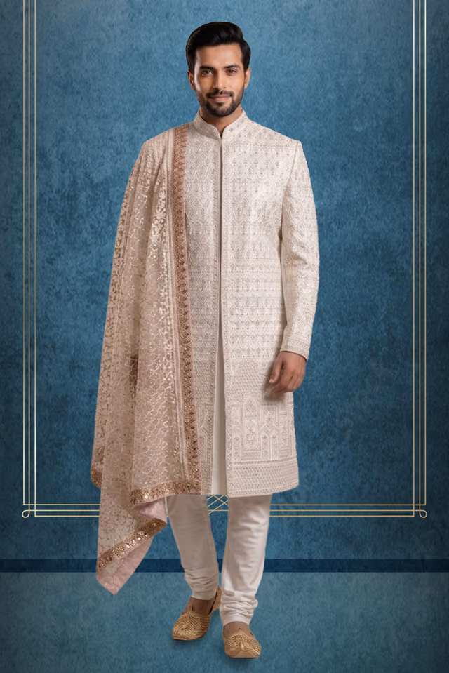 Heavy Threadworked Grooms Sherwani In Rosegold And Ivory Shade — rent in Calicut