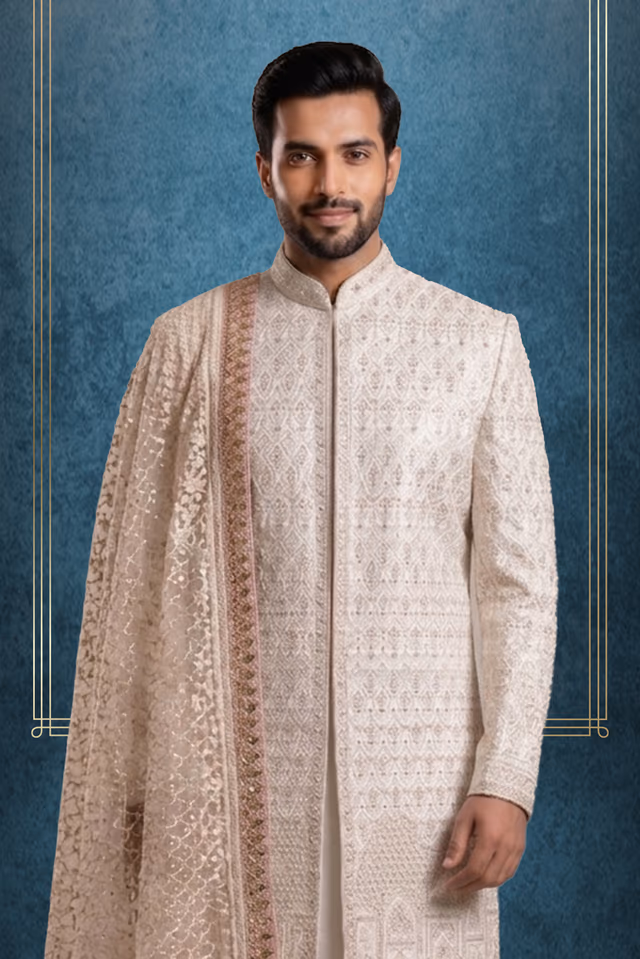 Heavy Threadworked Grooms Sherwani In Rosegold And Ivory Shade — back view, rent in Calicut