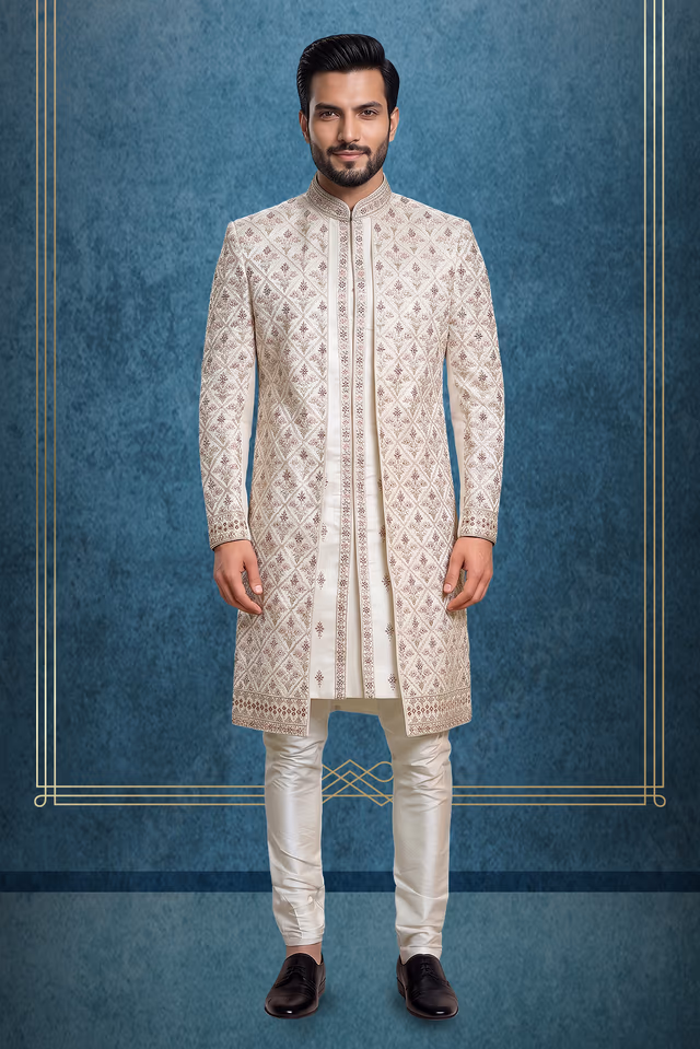Ivory Jaquard Fabric Heavy Sherwani With Matte White Inner Kurtha And Matching Pants — rent in Calicut
