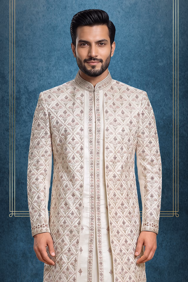 Ivory Jaquard Fabric Heavy Sherwani With Matte White Inner Kurtha And Matching Pants — back view, rent in Calicut