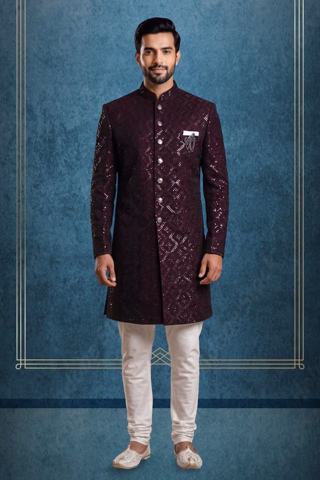 Plum Purple Grooms Sherwani With Heavy Sequins Work Detail — rent in Calicut