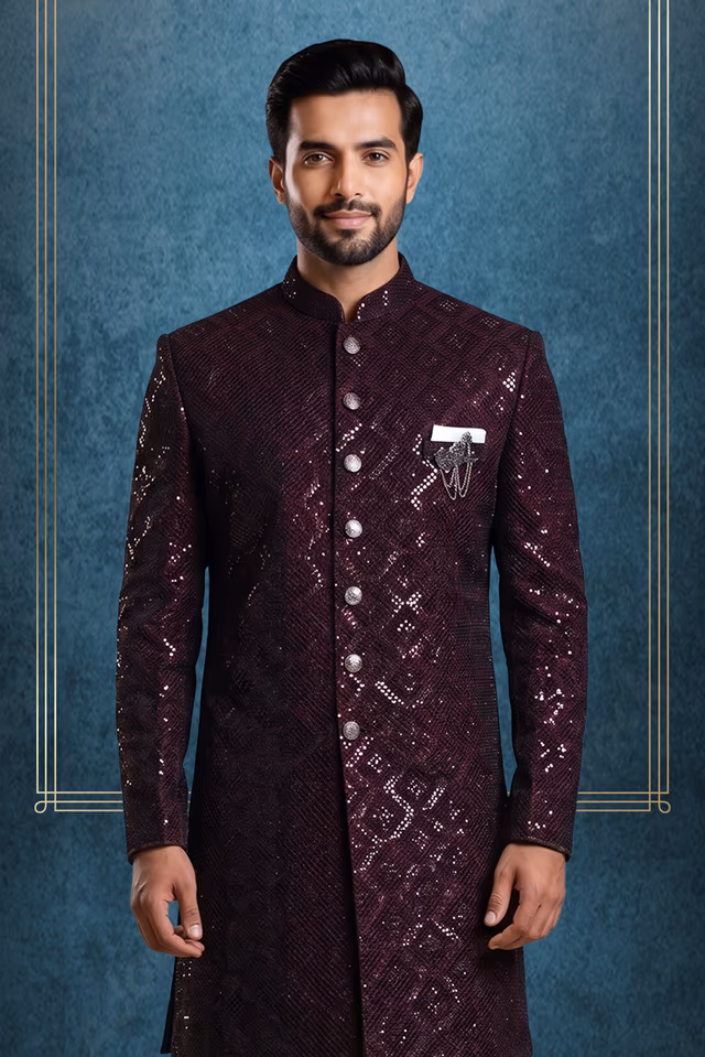 Plum Purple Grooms Sherwani With Heavy Sequins Work Detail — back view, rent in Calicut