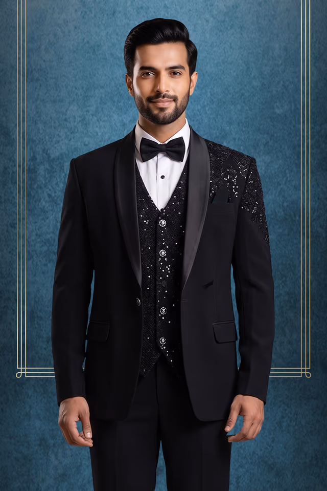 Rich Event Black Color Tuxedo Party Suit — back view, rent in Bangalore