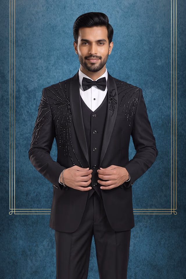 Black Tuxedo Suit with Sequin Embroidered Shoulder Detailing and Satin Lapels — back view, rent in Coimbatore