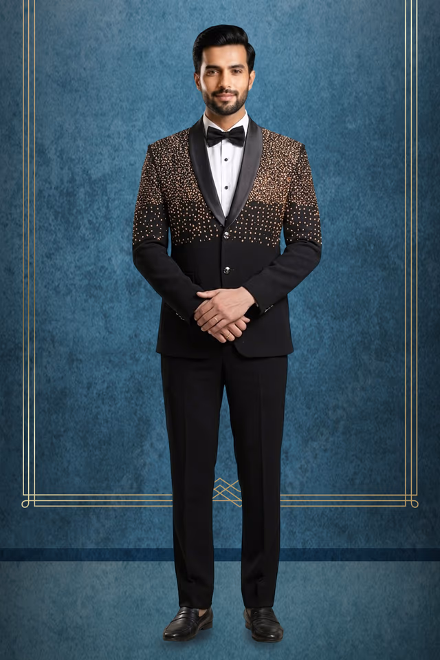 Black Heavy Beadsworked Polyester Viscose Tuxedo Set — rent in Calicut