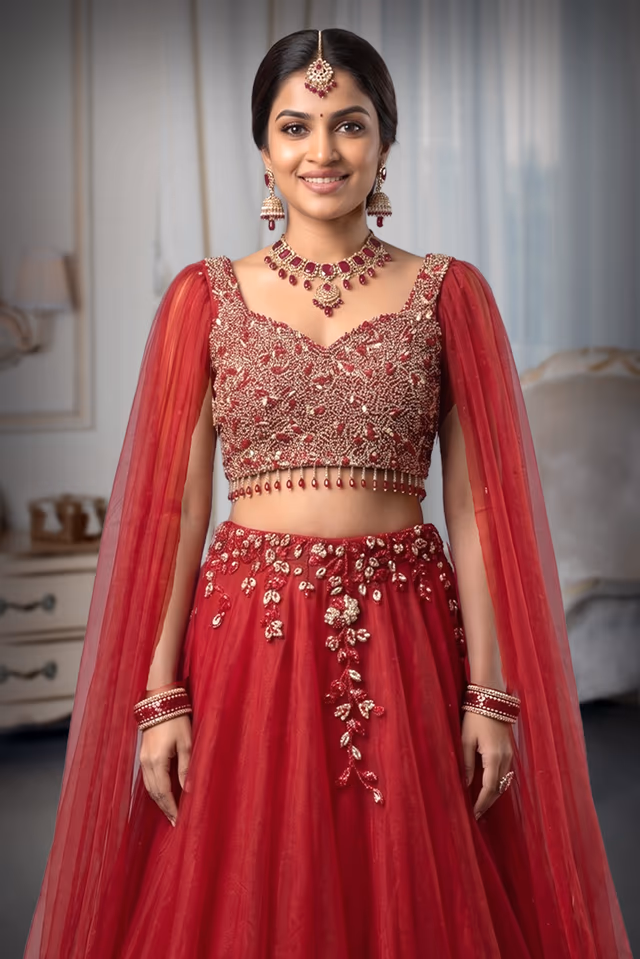 Crimson Red Heavily Embroidered Lehenga Choli with Attached Organza Cape Sleeves — rent in Kochi