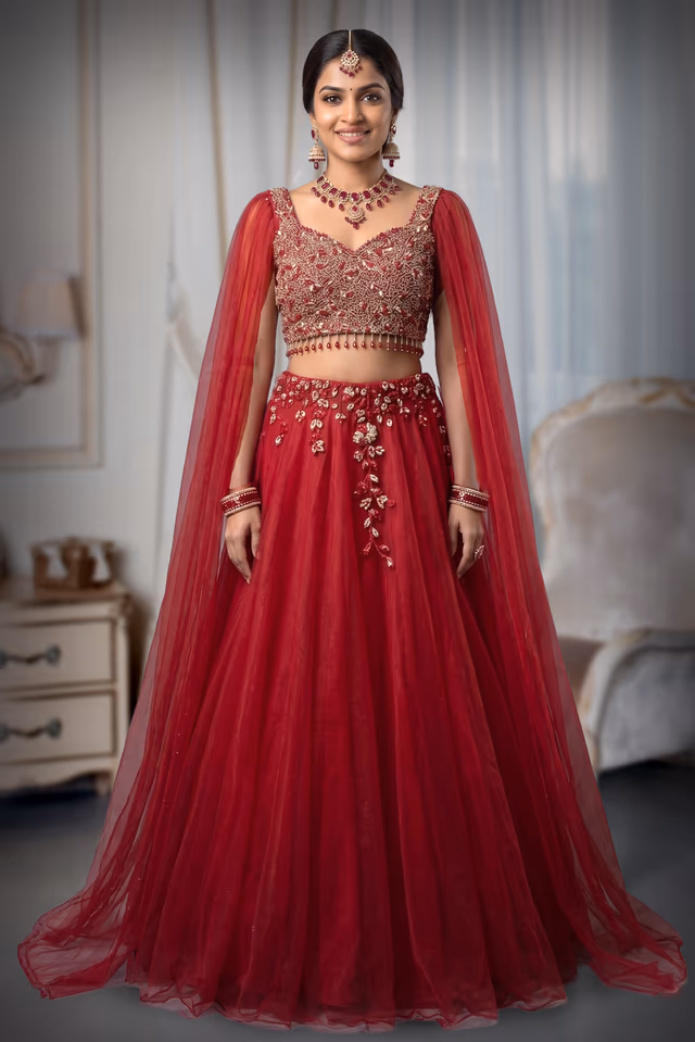 Crimson Red Heavily Embroidered Lehenga Choli with Attached Organza Cape Sleeves — back view, rent in Kochi
